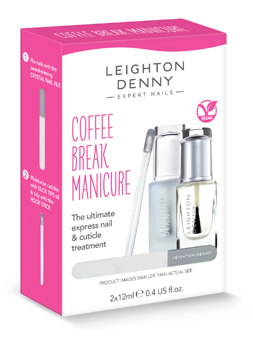 Coffee Break Manicure set including Luminosity 12ml, Slick Tips 12ml, mini crystal nail file and mini hoof stick
