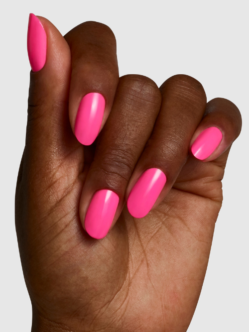 Bright Spark 12ml vegan nail polish on nails - the brightest neon pink